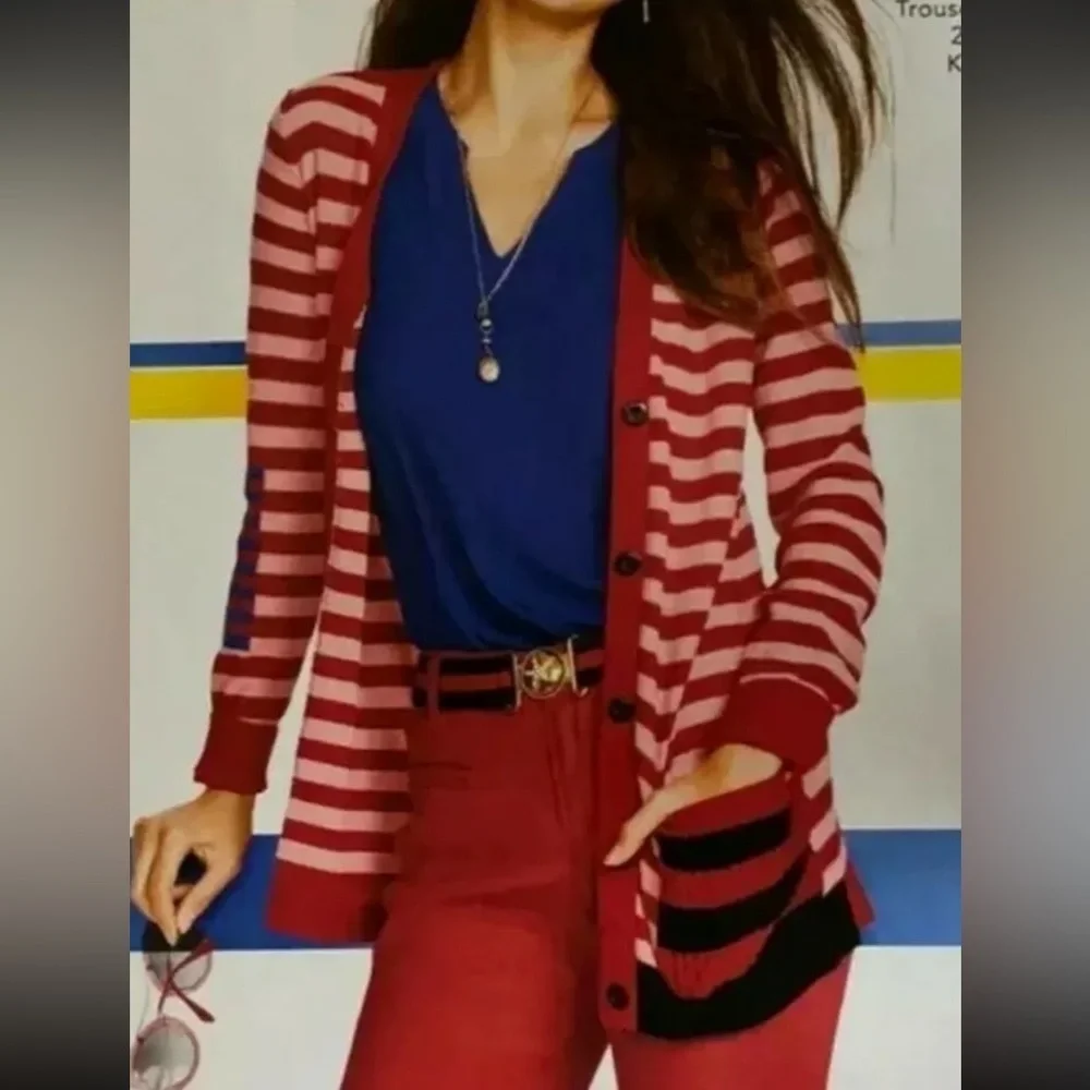 Cabi Picnic Cardigan red pink striped button front sweater Medium style 5446